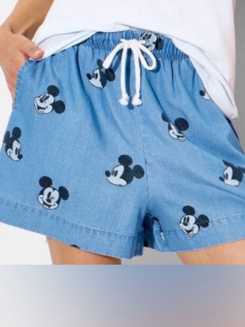 Disney VIRAL NWT M Blue denim look Mickey Mouse Drawstring Women's LYOCELL Short